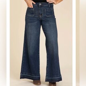 Judy Blue NWT 5/27 Wide-Leg highwaist palazzo raw hem stretch Blue denim Jeans